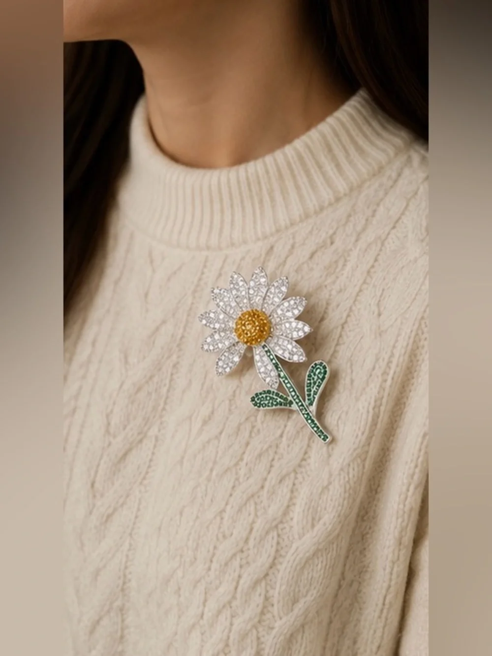 Anthropologie Daisy Crystal Brooch in White, Gold & Green